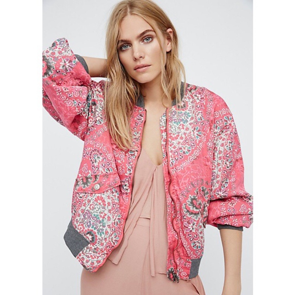 Free People Pink Printed Bomber Jacket